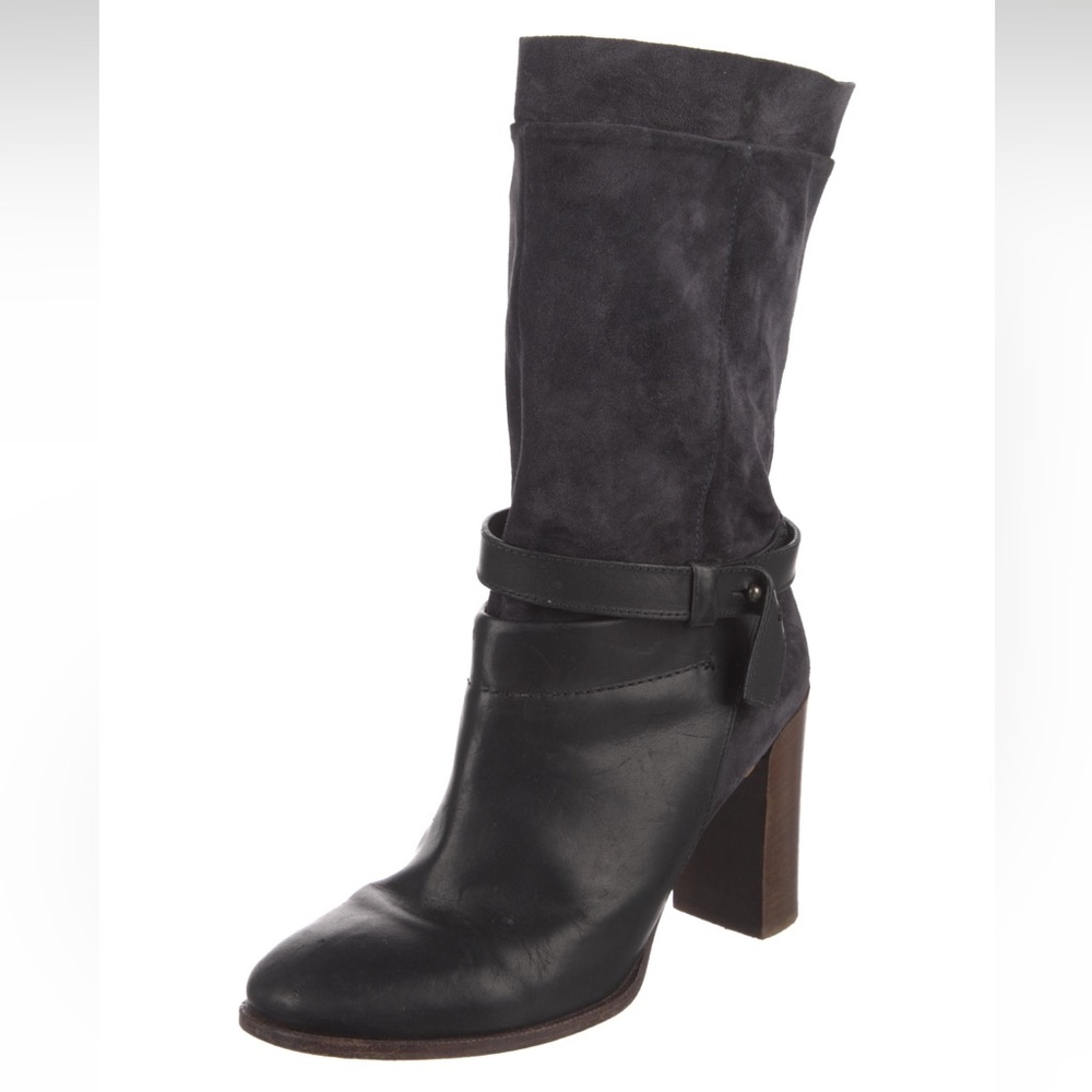 VINCE Black Leather & Suede Buckle Strap Mid Calf Block Heel Boots 7.5